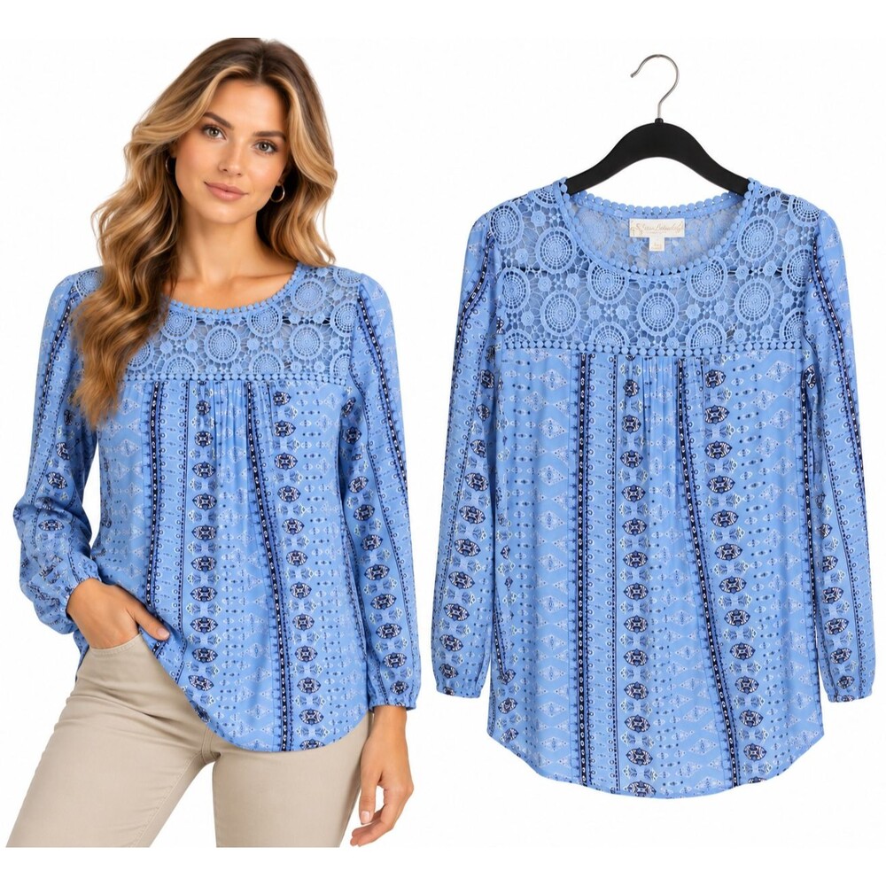 Susan Bristol Babydoll Tunic Top Size Small Crochet Lace Yoke Blue Boho Print